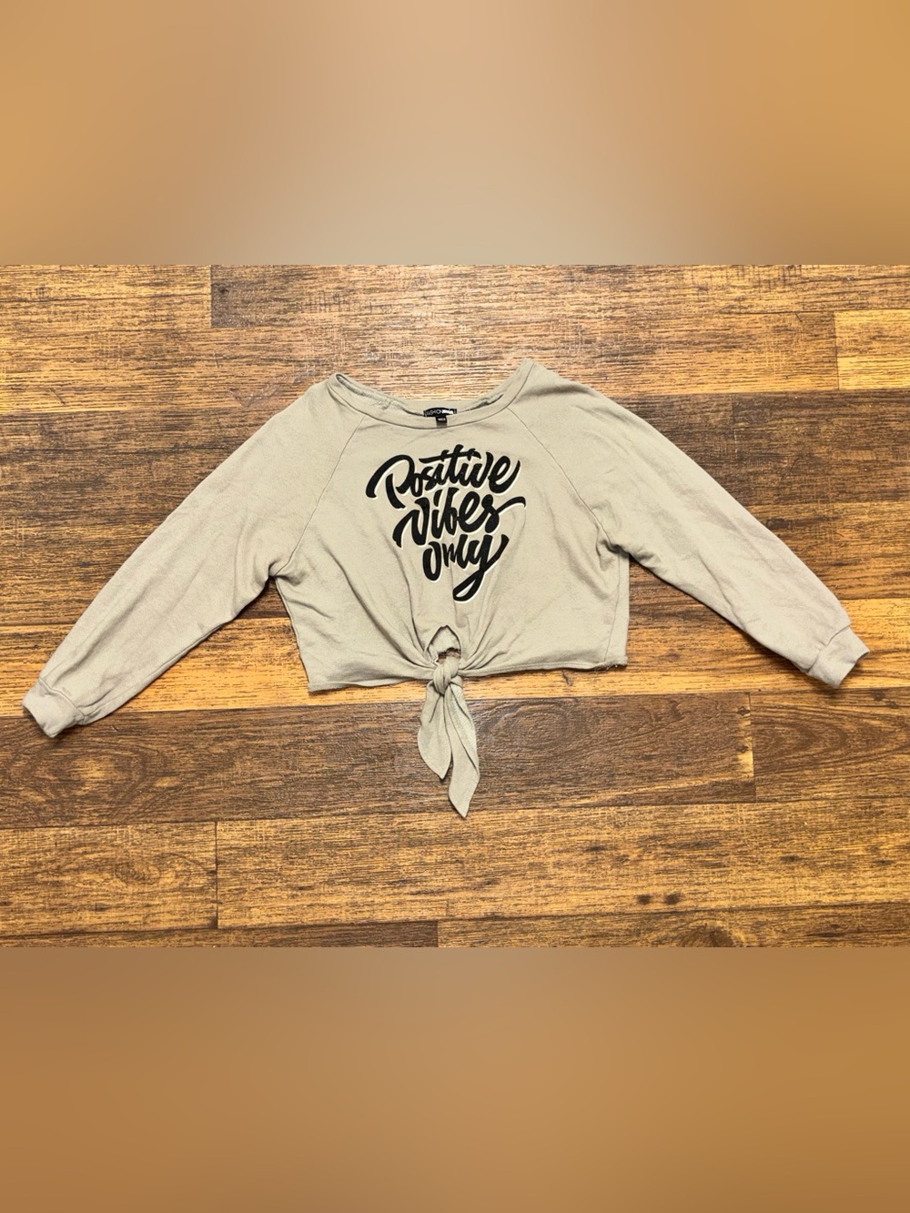 Fashion Nova Beige Tie-Front Cropped Sweatshirt with Black Script